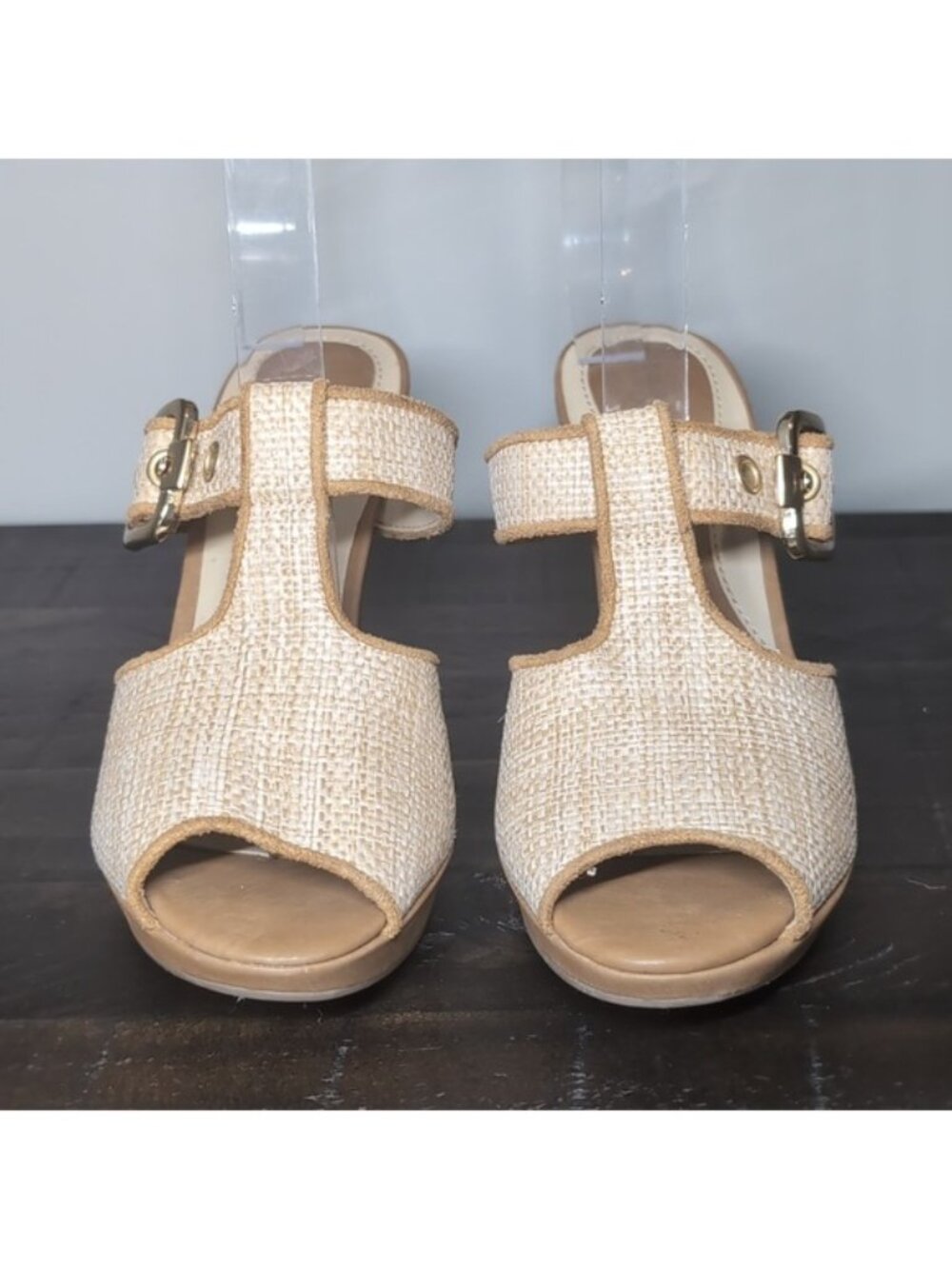 Naturalizer Kole Sandals Tan Woven Buckle Peep Toe Heels N5 Comfort Womens 7 - Picture 3 of 15
